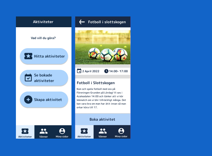 Grunden activities app — two app screens