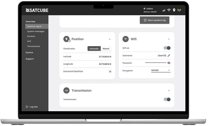 WebGUI Position, Wifi and Transmission cards